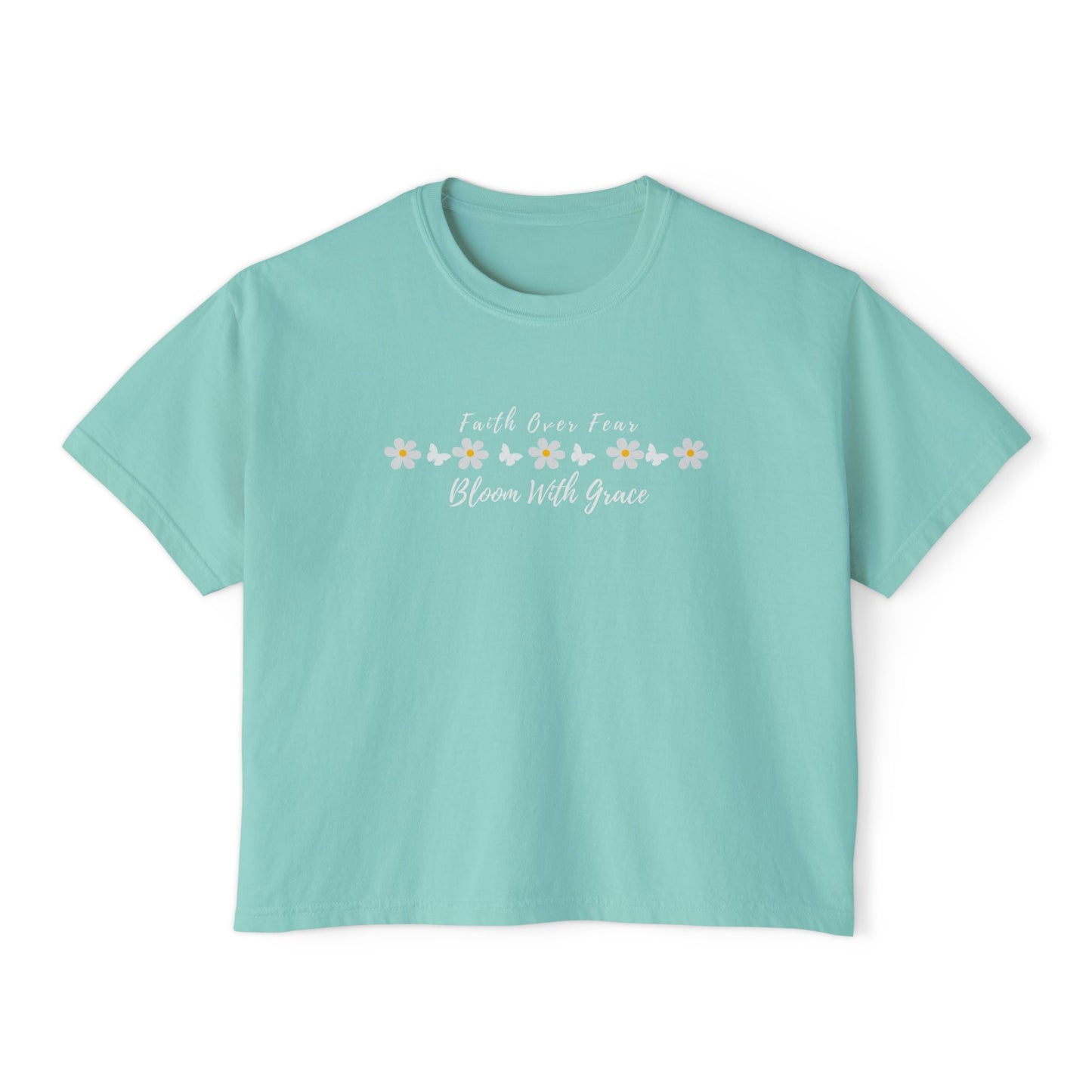 Faith Over Fear Floral Boxy Tee, “Bloom With Grace” Christian Crop Shirt - 14950