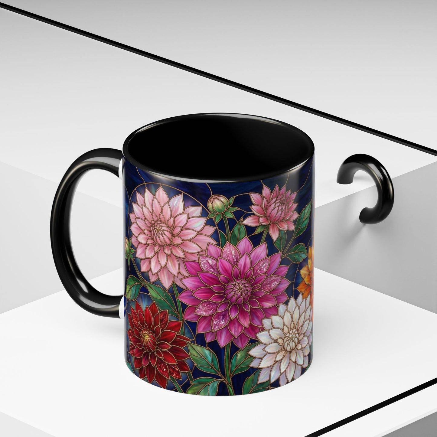 Dahlia Floral Accent Coffee Mug — Stained-Glass  Design (11/15oz) - 14562