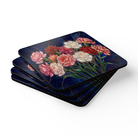 Carnation Floral  Cork Coaster Set – Vintage Bouquet Drink Coasters (4-Pack) - 14611