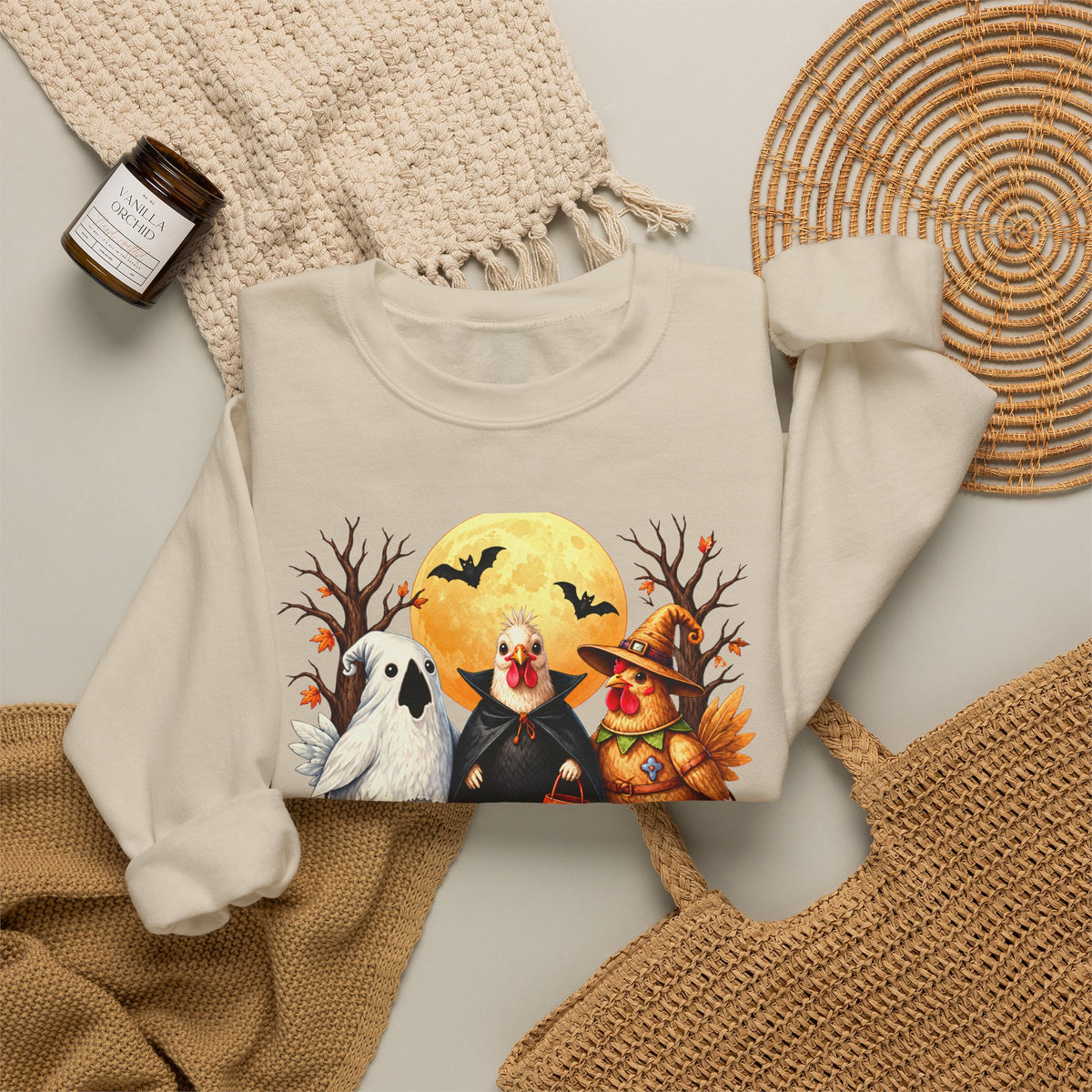 Trick or Tweet Halloween Sweatshirt, Cute Costume Chickens & Ghost Crewneck- 14512