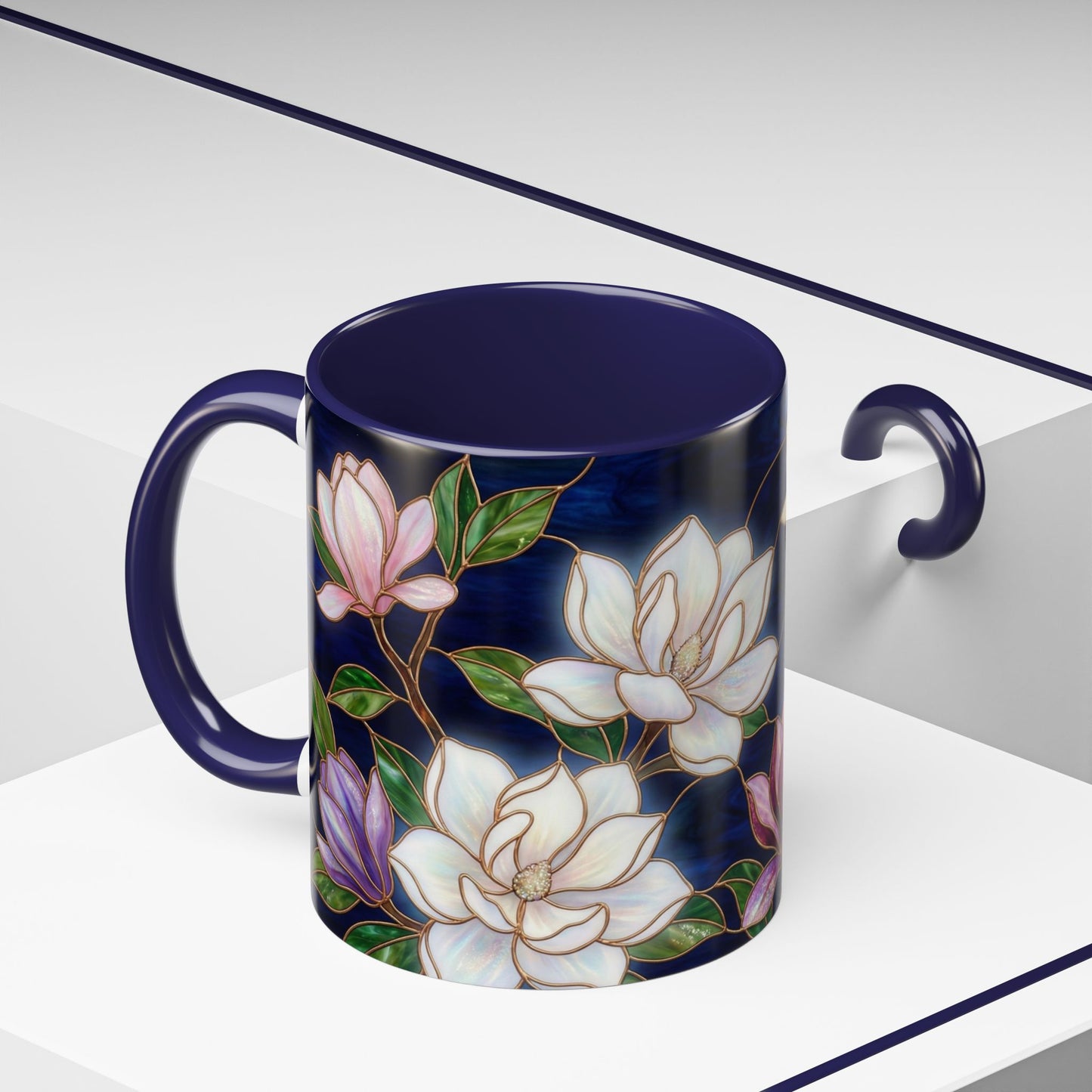 Magnolia Floral Accent Coffee Mug — Stained Glass Design (11/15 oz) - 14577