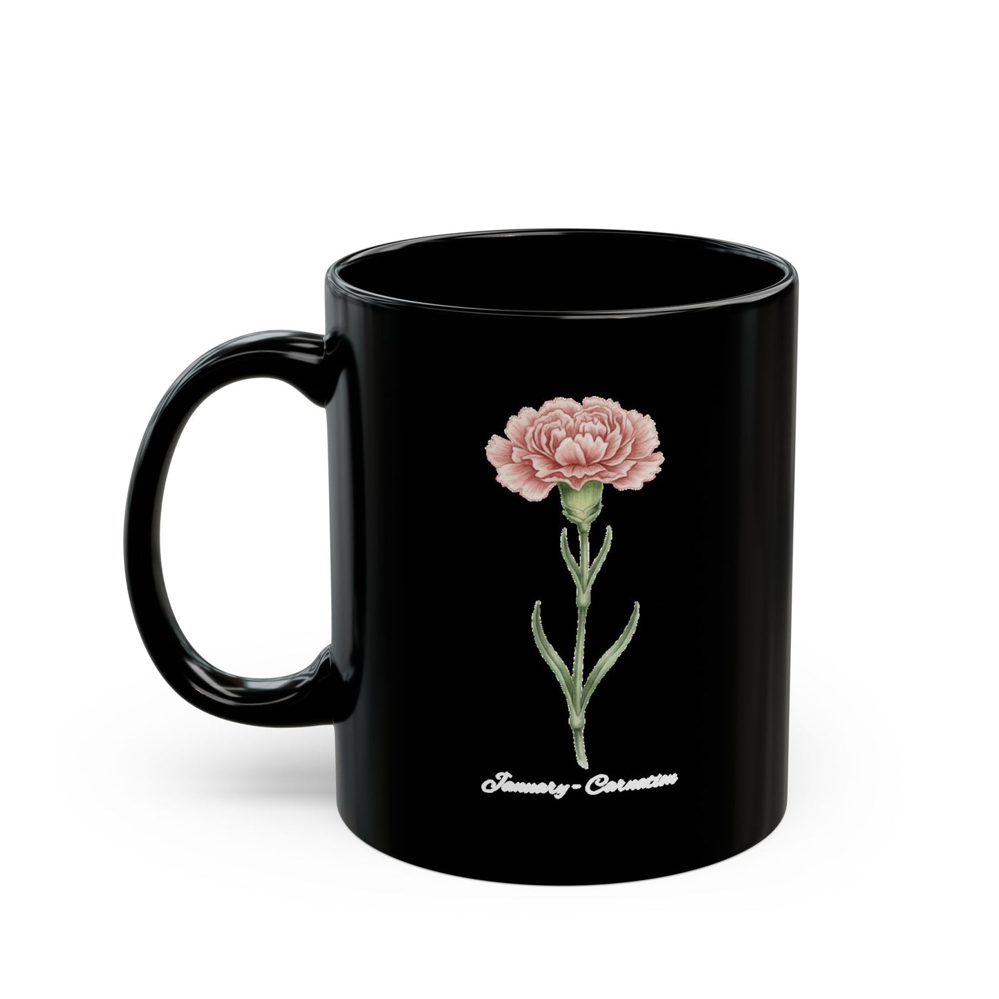 January Carnation Birth Flower Black Mug – Customizable (11oz & 15oz) - 14670