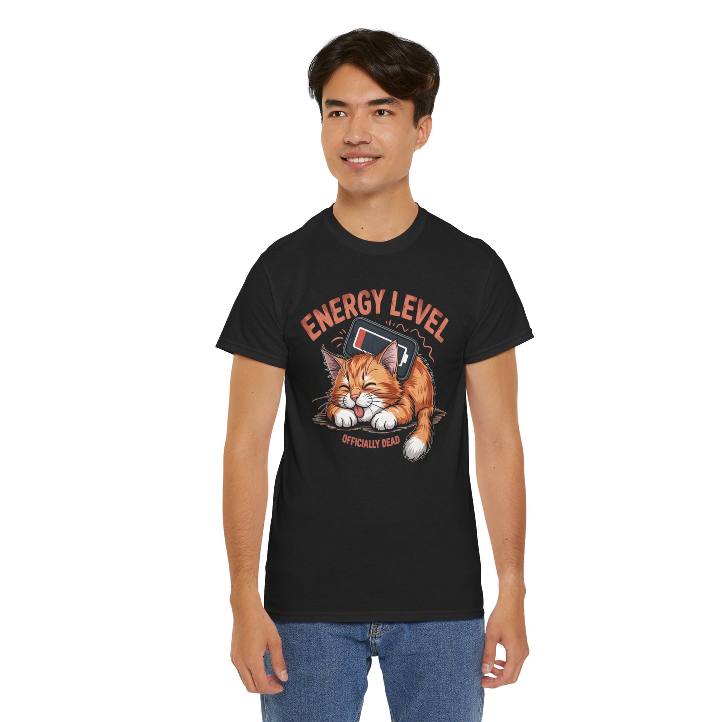 Energy Level: Officially Dead T-Shirt — Funny Cat Graphic Tee, Cat Lover Gift - 14867