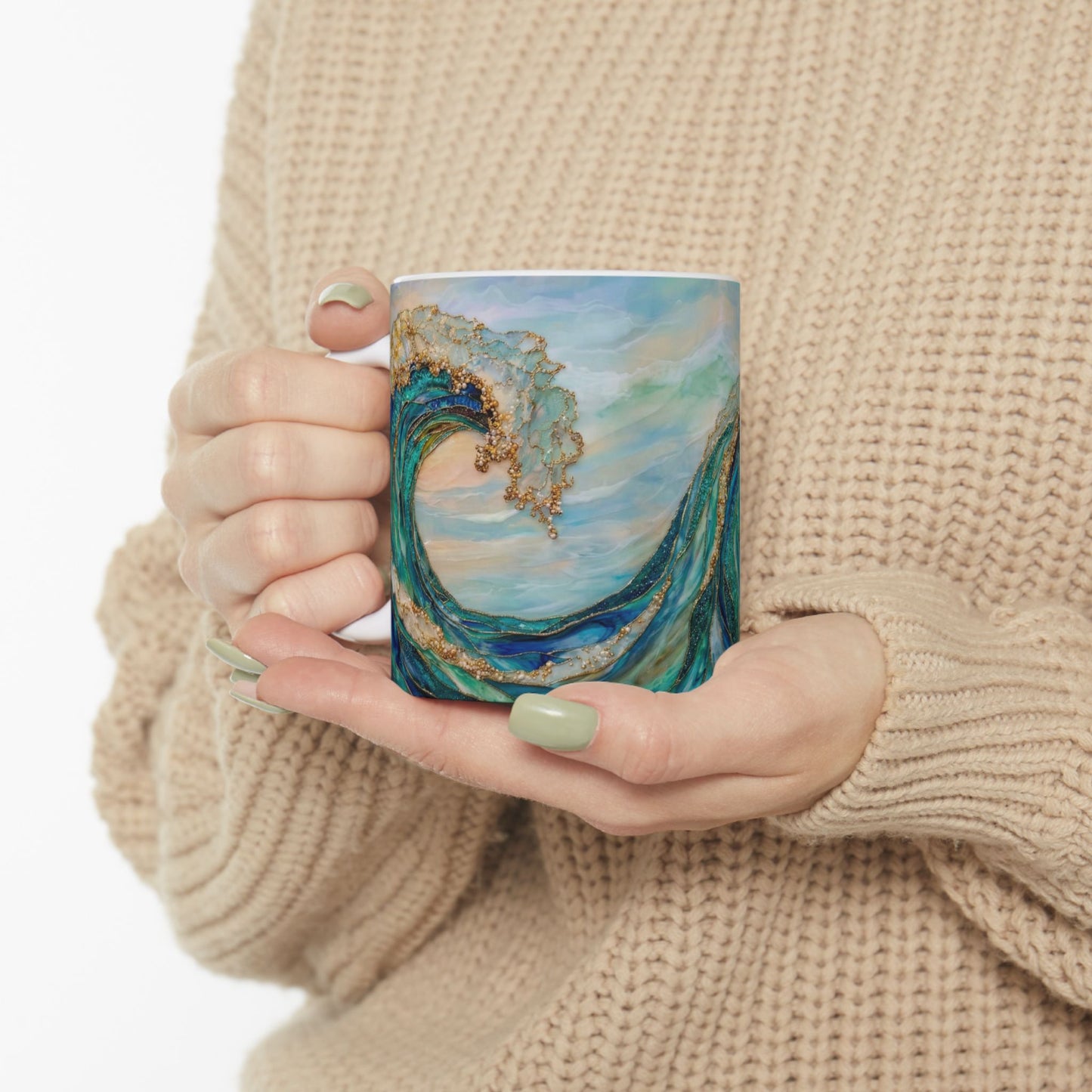 Ocean Wave Ceramic Mug — Teal & Gold Coastal Art Coffee Cup (11oz, 15oz) - 14522