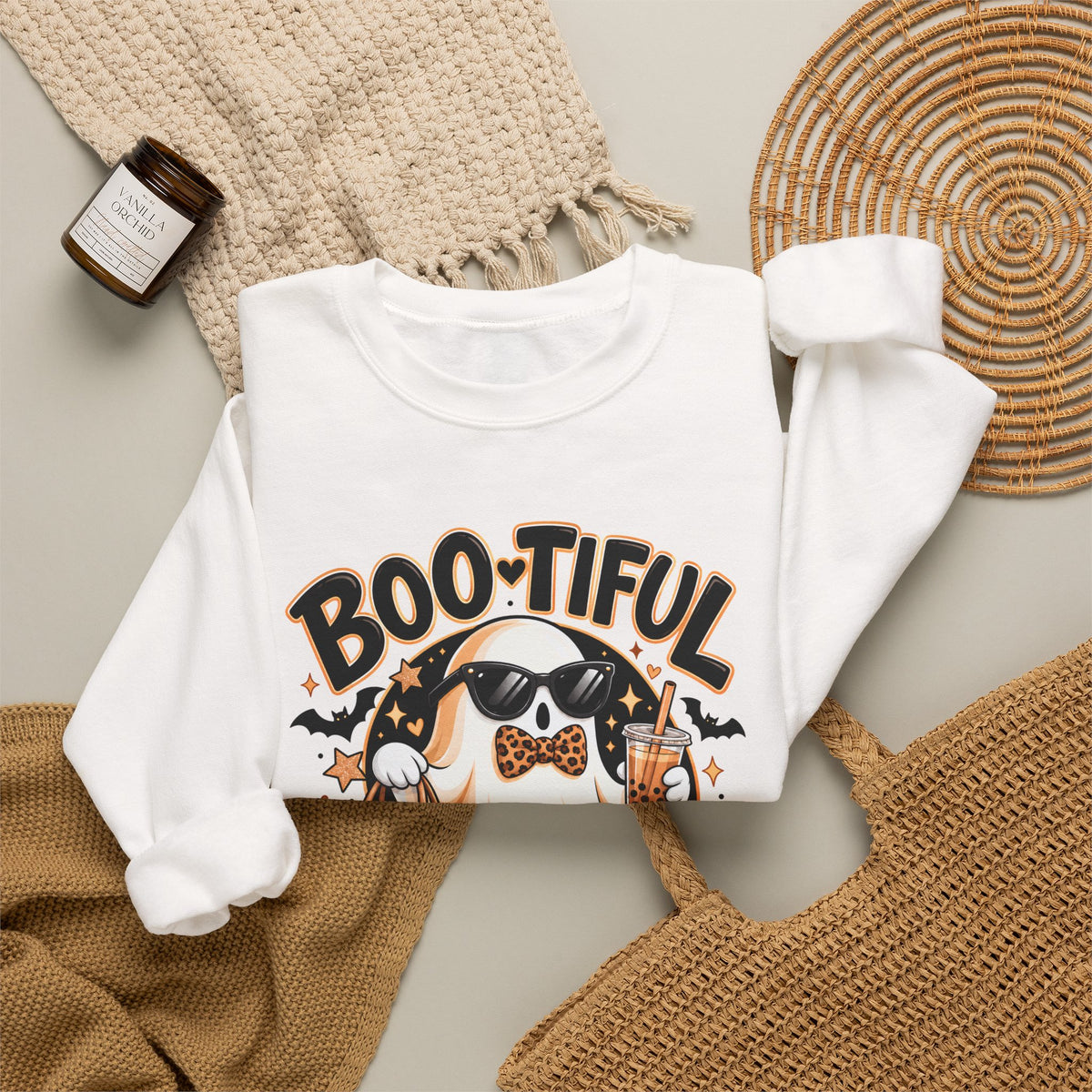 Boo-tiful Halloween Ghost Sweatshirt,  Leopard Print Crewneck - 14523