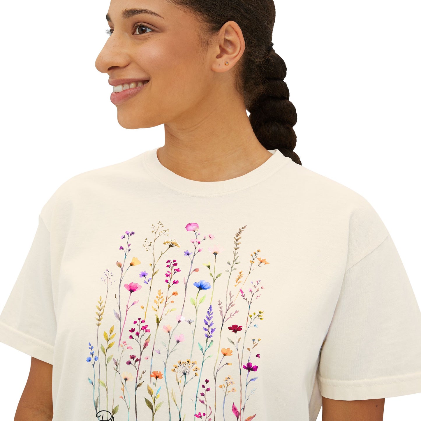 Bloom Anyway Wildflower Boxy Tee, Women’s Watercolor Floral T-Shirt - 14959