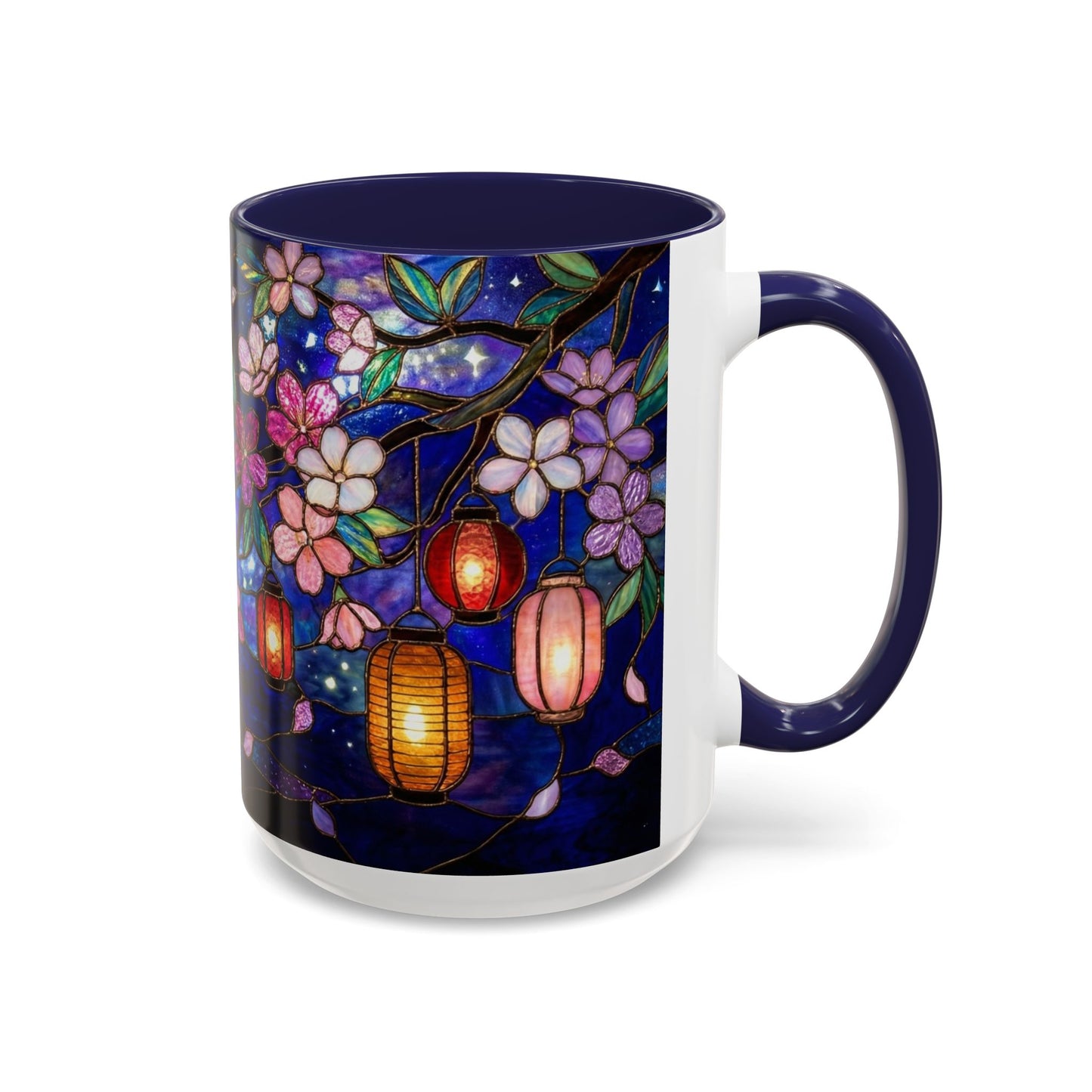 Cherry Blossom Lantern Coffee Mug — Floral Night Sky, Stained Glass Design (11/15 oz) - 14533