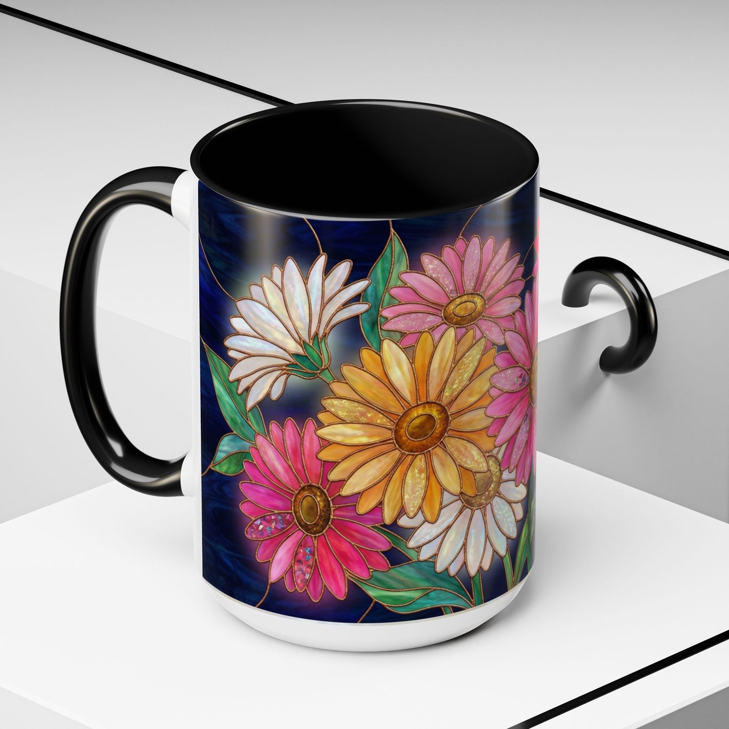 Gerbera Daisy Floral Accent Coffee Mug — Stained Glass Design (11/15 oz) - 14568