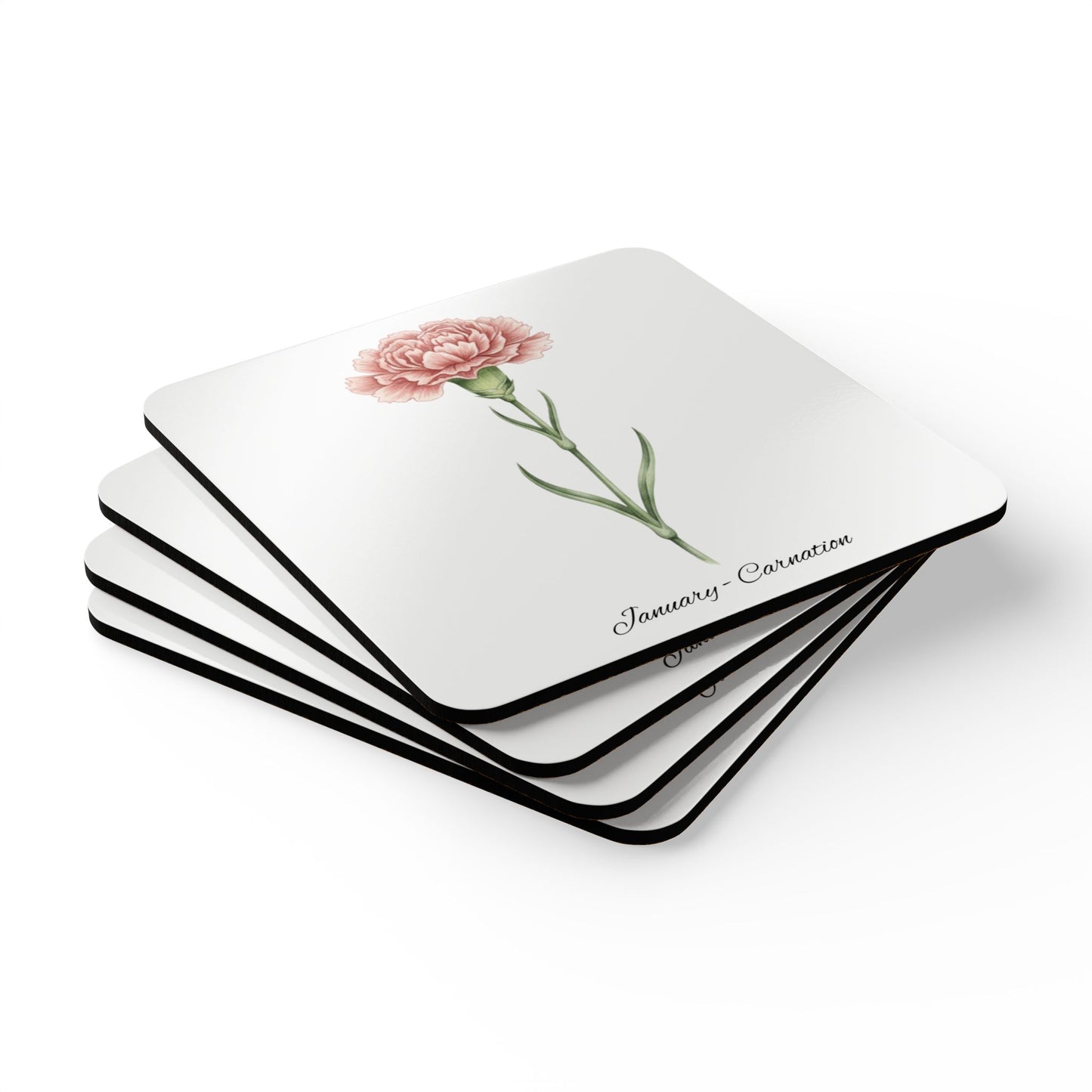 January Birth Flower Carnation Cork Coaster Set – Personalized Name Gift - 14693