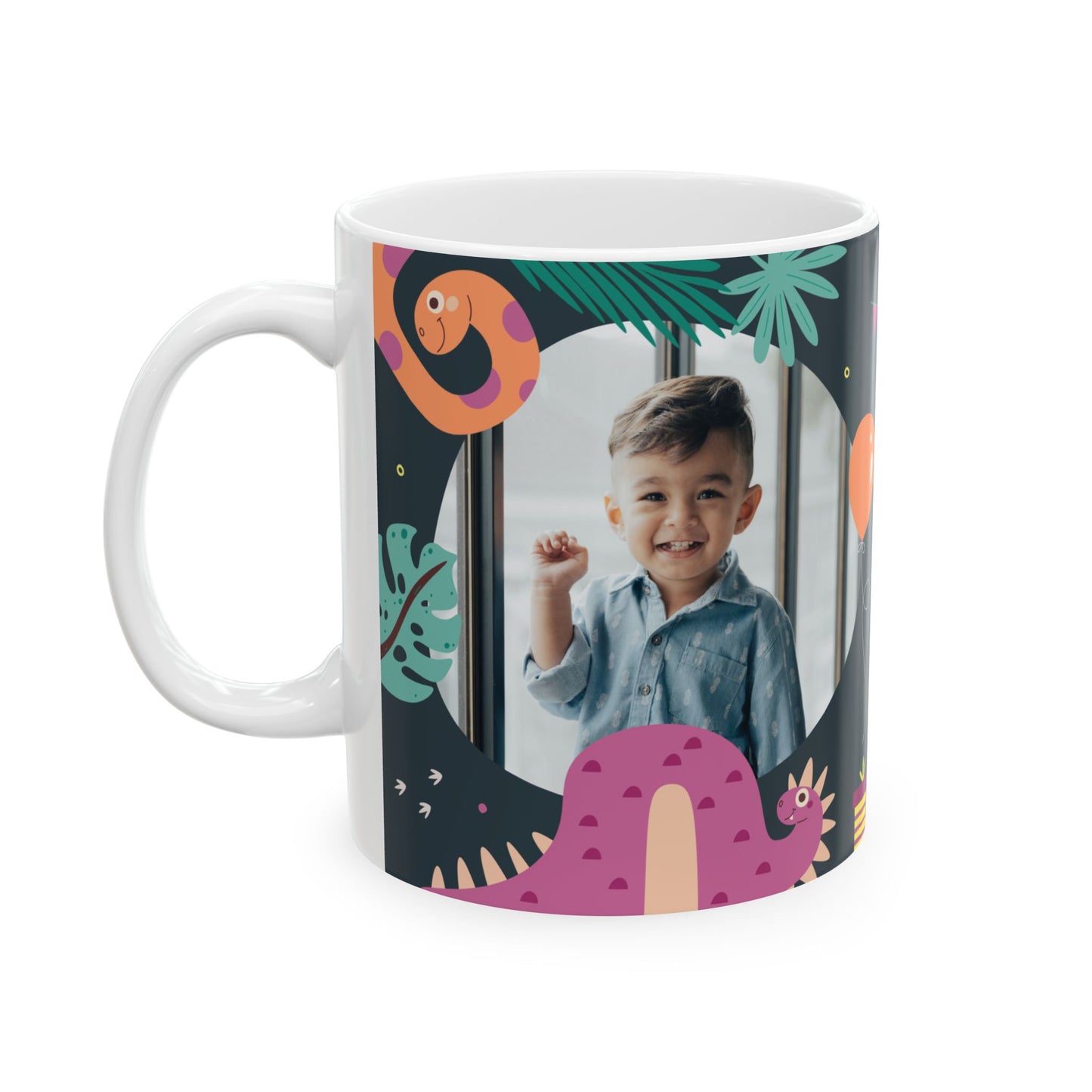 Happy Birthday, Dinosaur Lover, Photo & Name Customizable - Ceramic Mug, (11oz, 15oz) - 11238