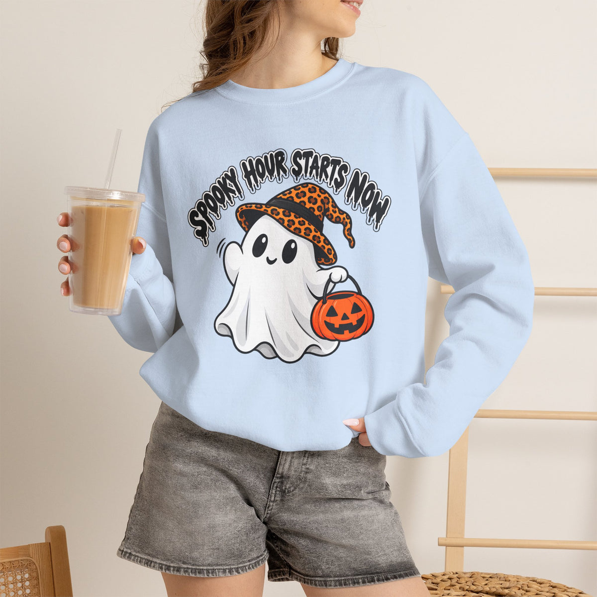 Spooky Hour Starts Now Sweatshirt, Cute Halloween Ghost Crewneck - 14536