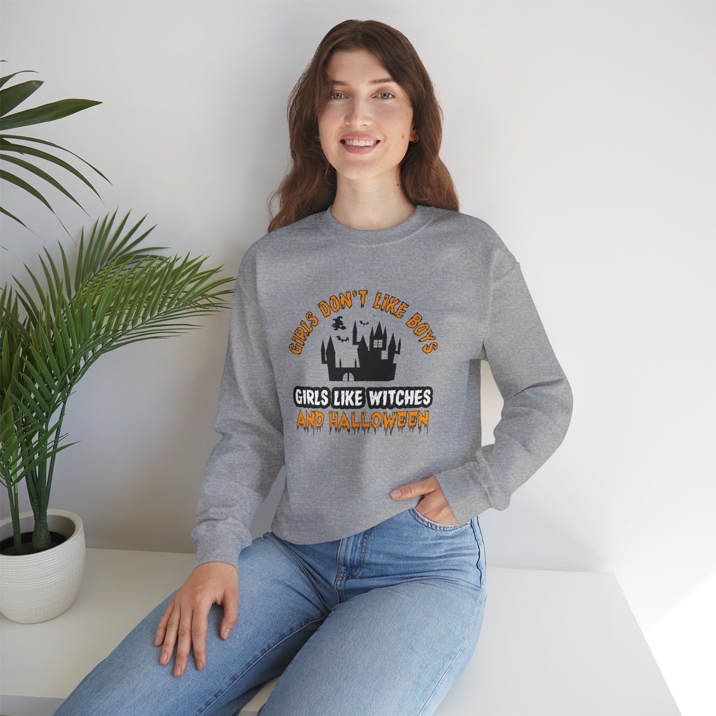 Girls Don't Like Boys. Girls Like Witches and Halloween - Unisex Heavy Blend™ Crewneck Sweatshirt - 12316
