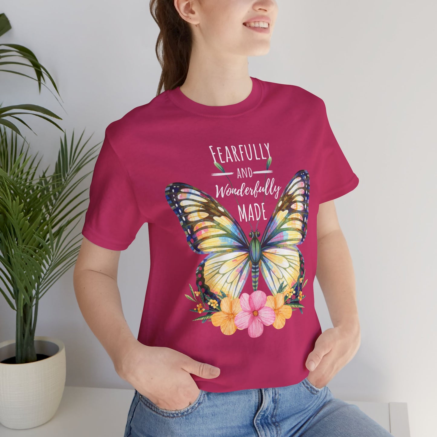 Fearfully and Wonderfully Made Butterfly T-Shirt, Inspirational Floral Faith Tee - 14955