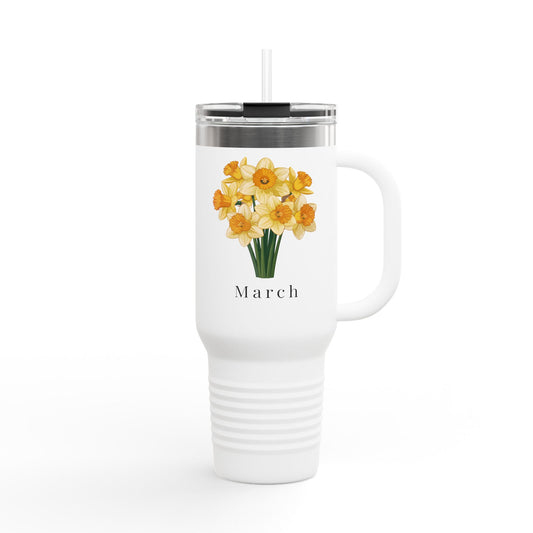 March Birth Flower Daffodil 40oz Insulated Travel Mug – Bright Bouquet Floral Birthday Gift Tumbler - 14819