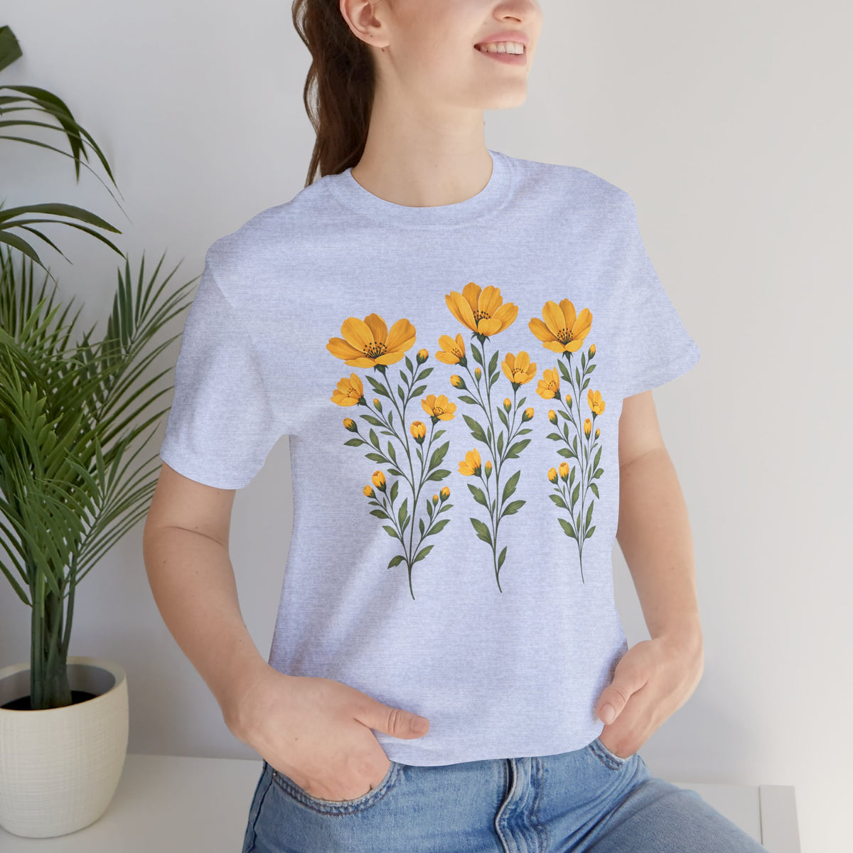 Golden Yellow Wildflower T-Shirt, Vintage Botanical Floral Tee - 14544
