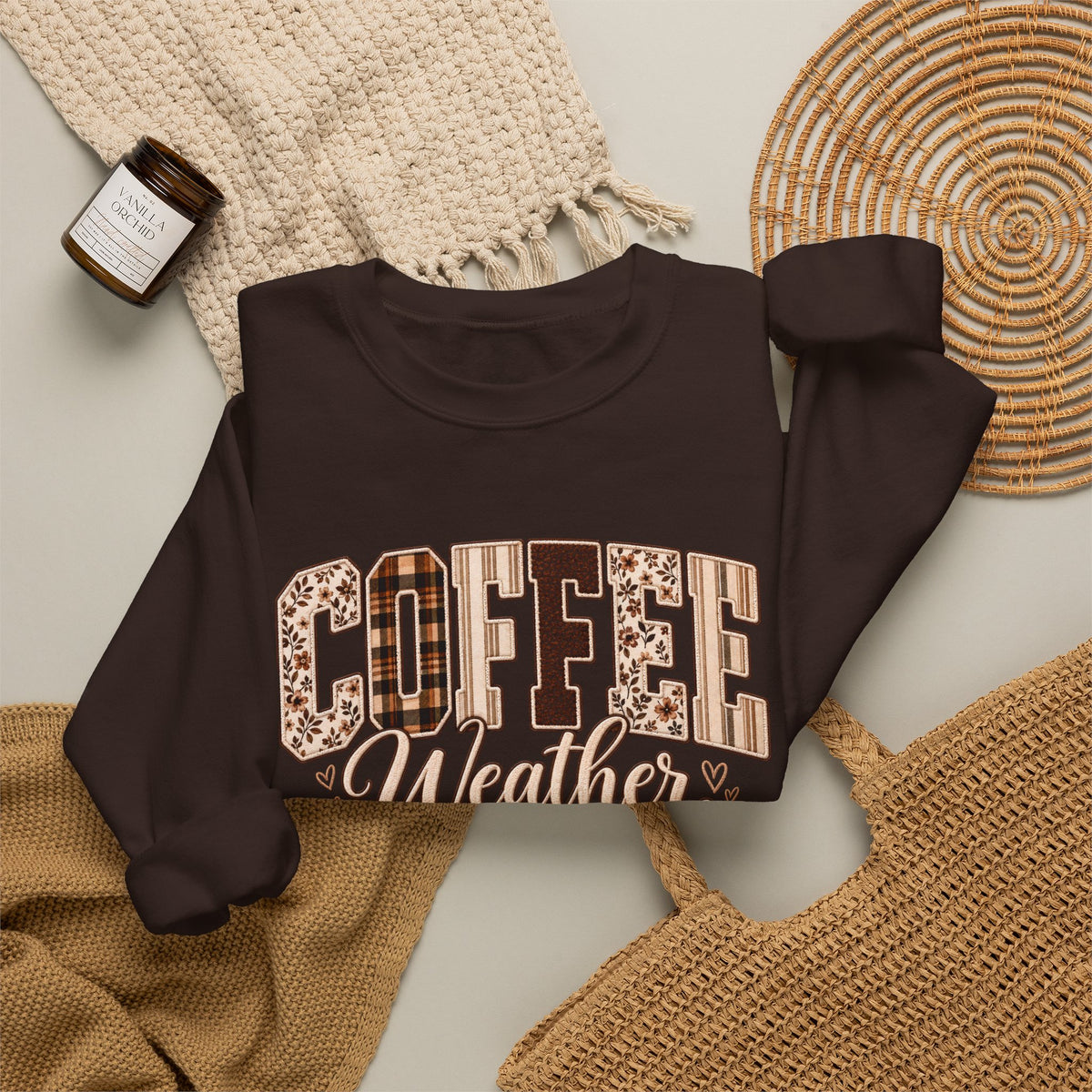 Coffee Weather Sweatshirt, Patchwork Floral Plaid Cozy Crewneck - 14997