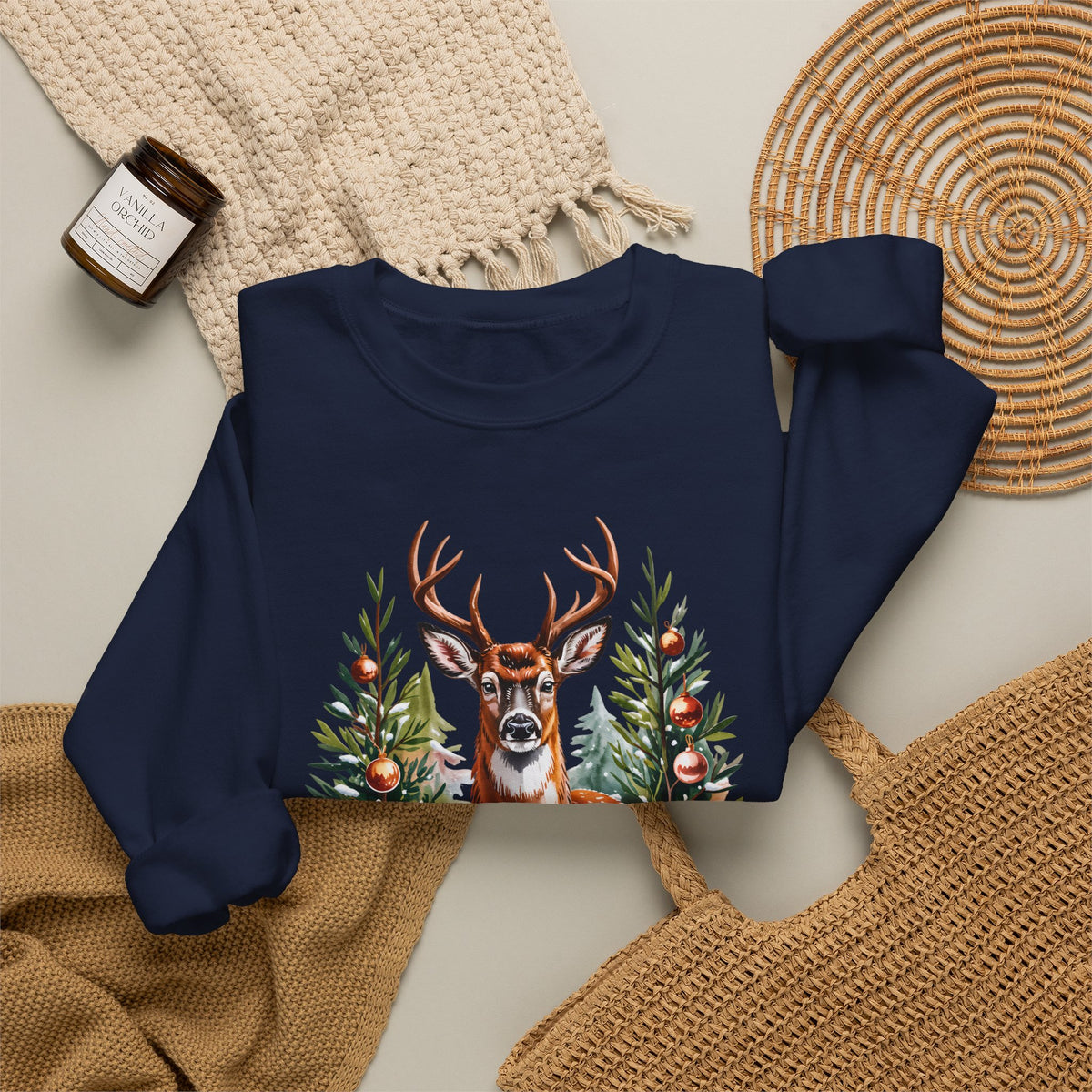 Christmas Deer Sweatshirt, Vintage Woodland Holiday Crewneck - 14562