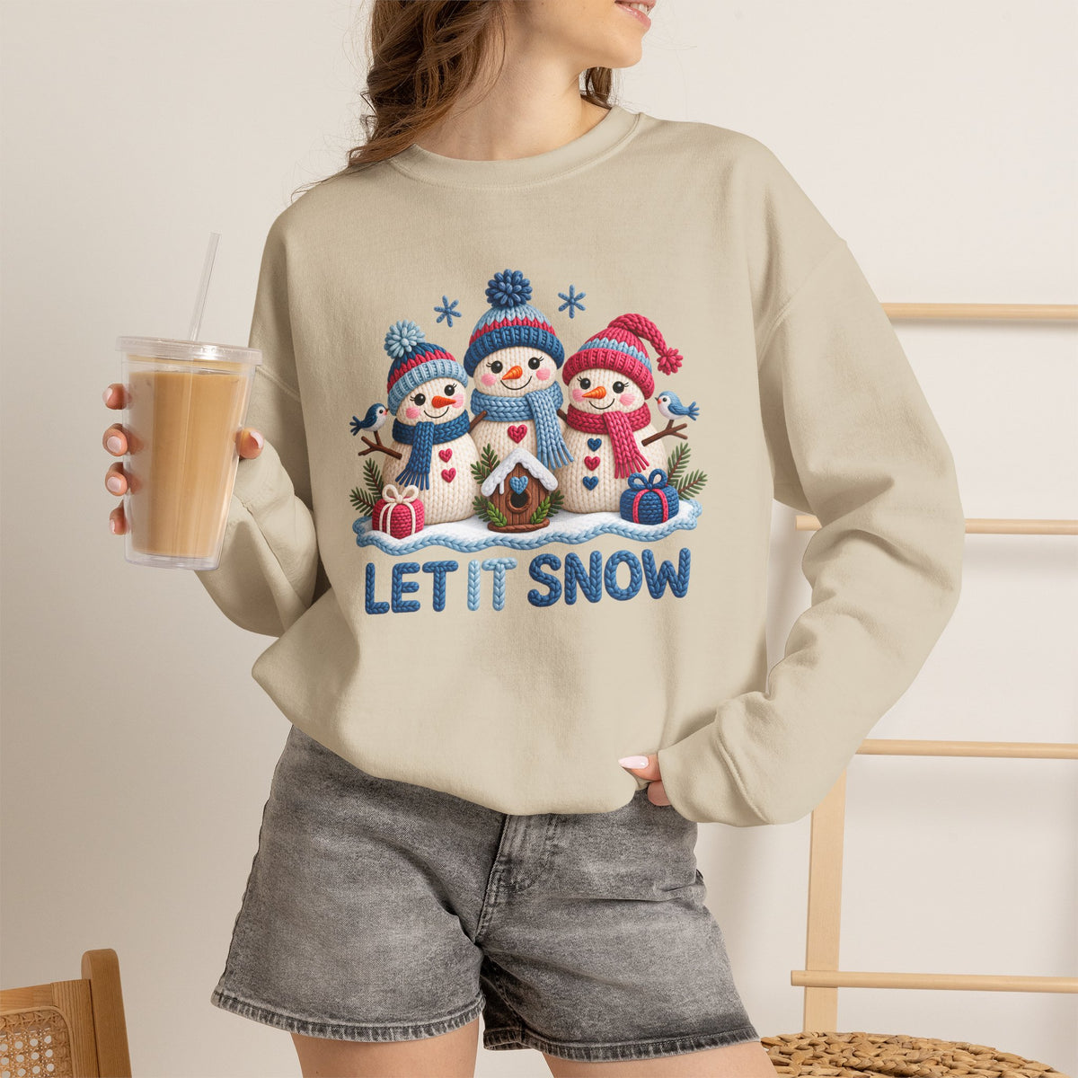 Let It Snow Sweatshirt, Cute Knitted Snowmen Christmas Crewneck - 14570