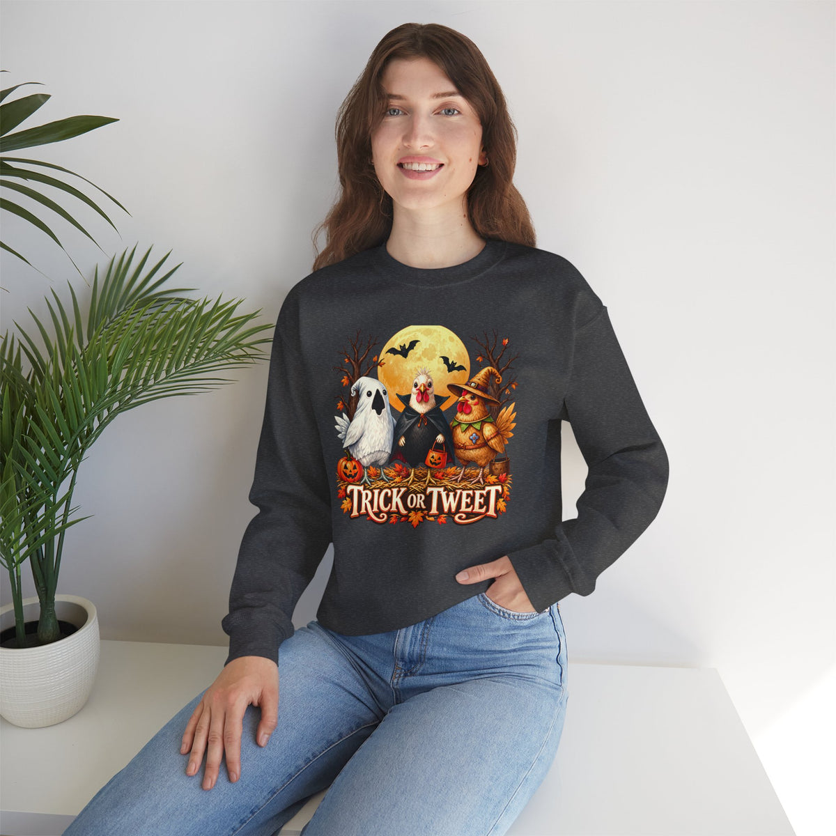 Trick or Tweet Halloween Sweatshirt, Cute Costume Chickens & Ghost Crewneck- 14512