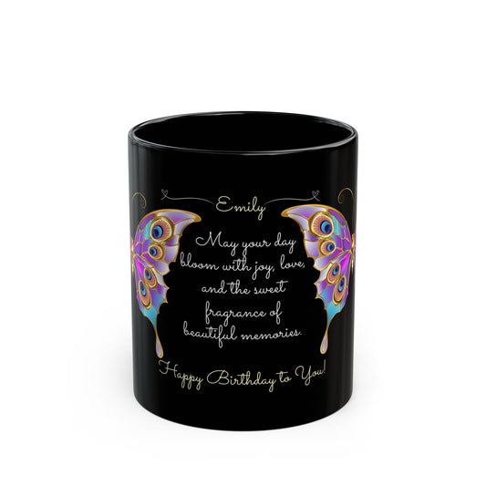 Happy Birthday, Butterfly, Customizable -  Black Mug (11oz, 15oz) - 10191