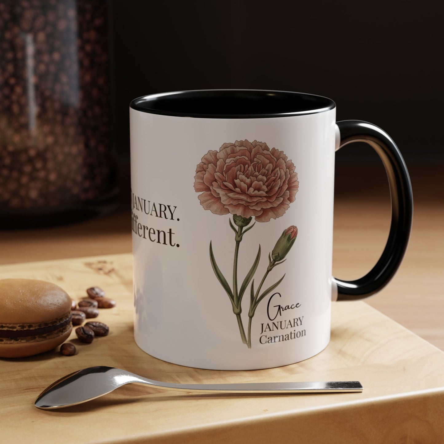 January Carnation Birth Flower Accent Coffee Mug – Customizable (11oz / 15oz) - 14671
