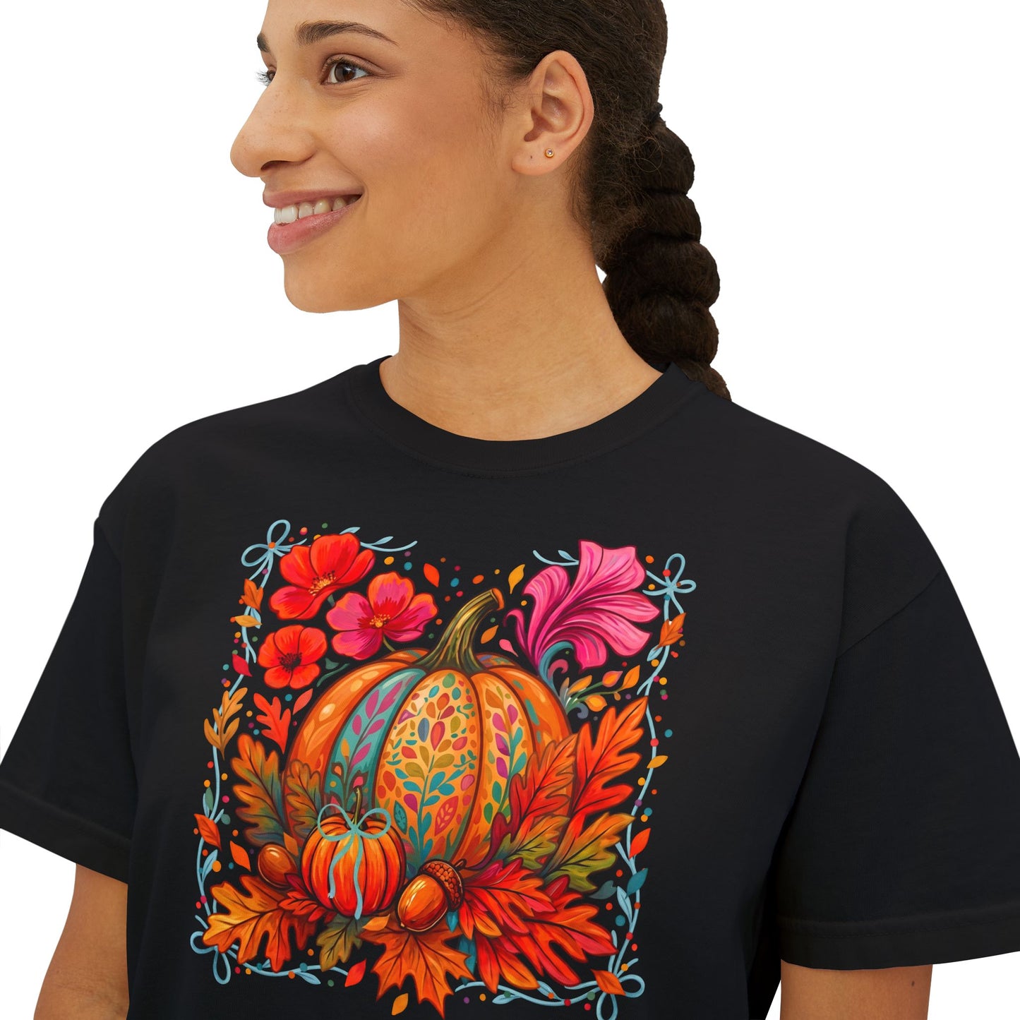 Autumn Pumpkin Floral Boxy T-Shirt,  Women’s Fall Harvest Graphic Tee - 14929