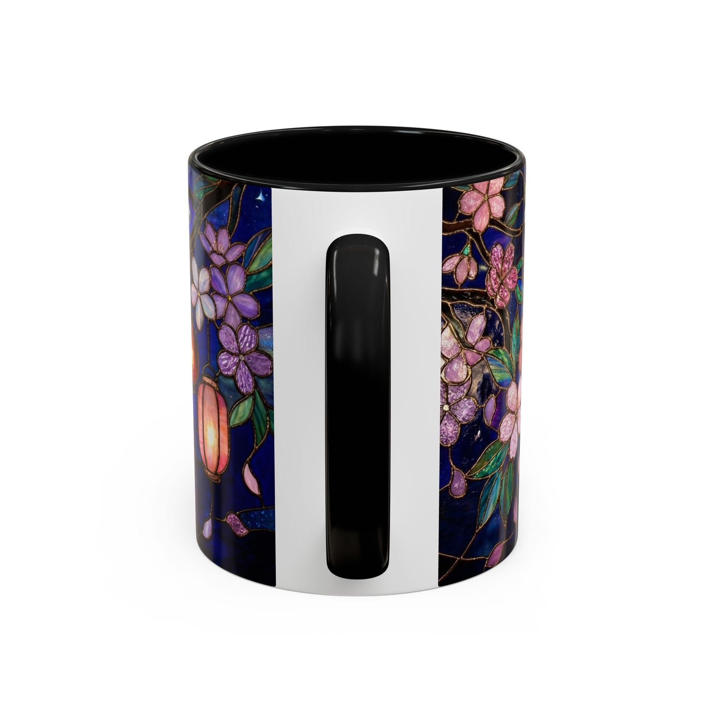 Cherry Blossom Lantern Coffee Mug — Floral Night Sky, Stained Glass Design (11/15 oz) - 14533