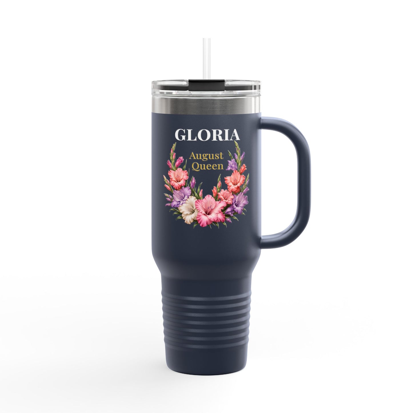 Personalized August Queen 40oz Insulated Travel Mug – Custom Name Floral Birthday Tumbler - 14917