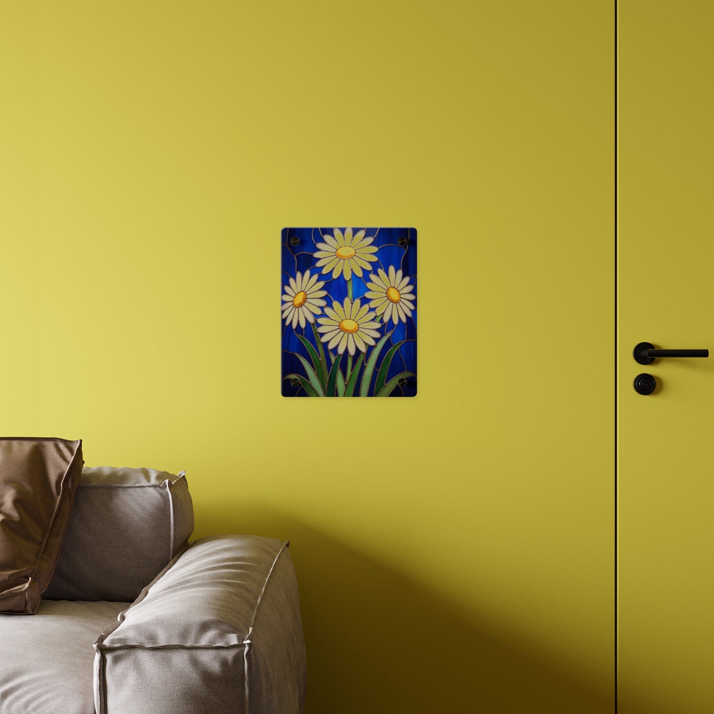 Daisy Stained-Glass Acrylic Wall Art Panel — White Daisies on Deep Blue Background - 14602