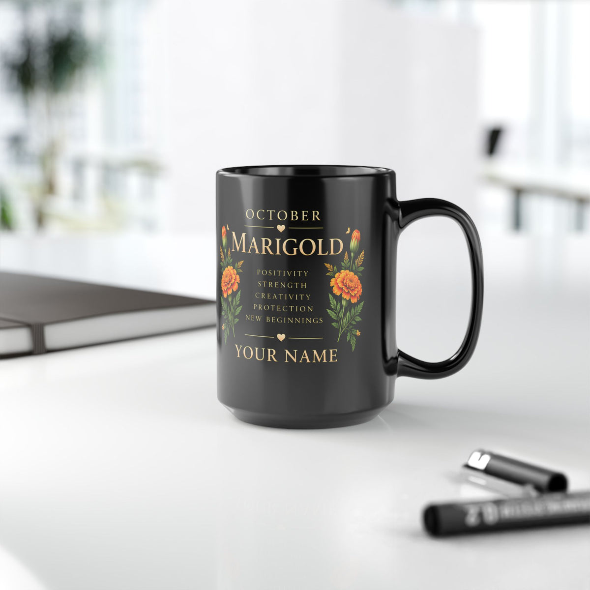 Personalized October Marigold Black Mug, Custom Name Birth Flower Coffee Cup - 14977