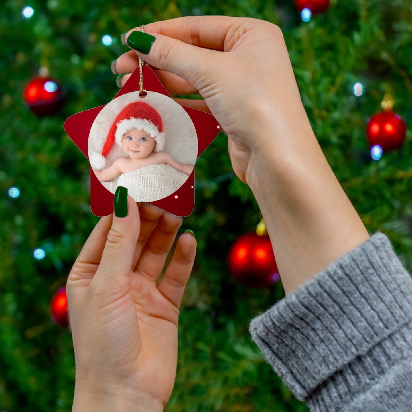 Christmas, Baby Photo, Customizable - Ceramic Ornament, 4 Shapes