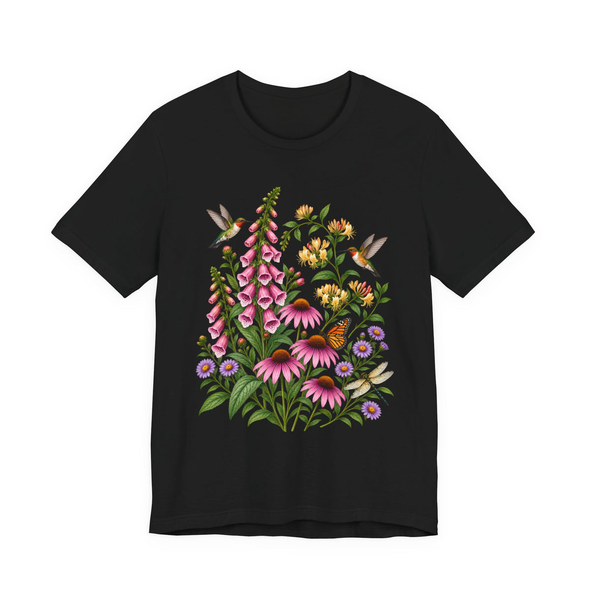 Floral Hummingbird Garden T-Shirt, Wildflower & Butterfly Botanical Tee - 14547