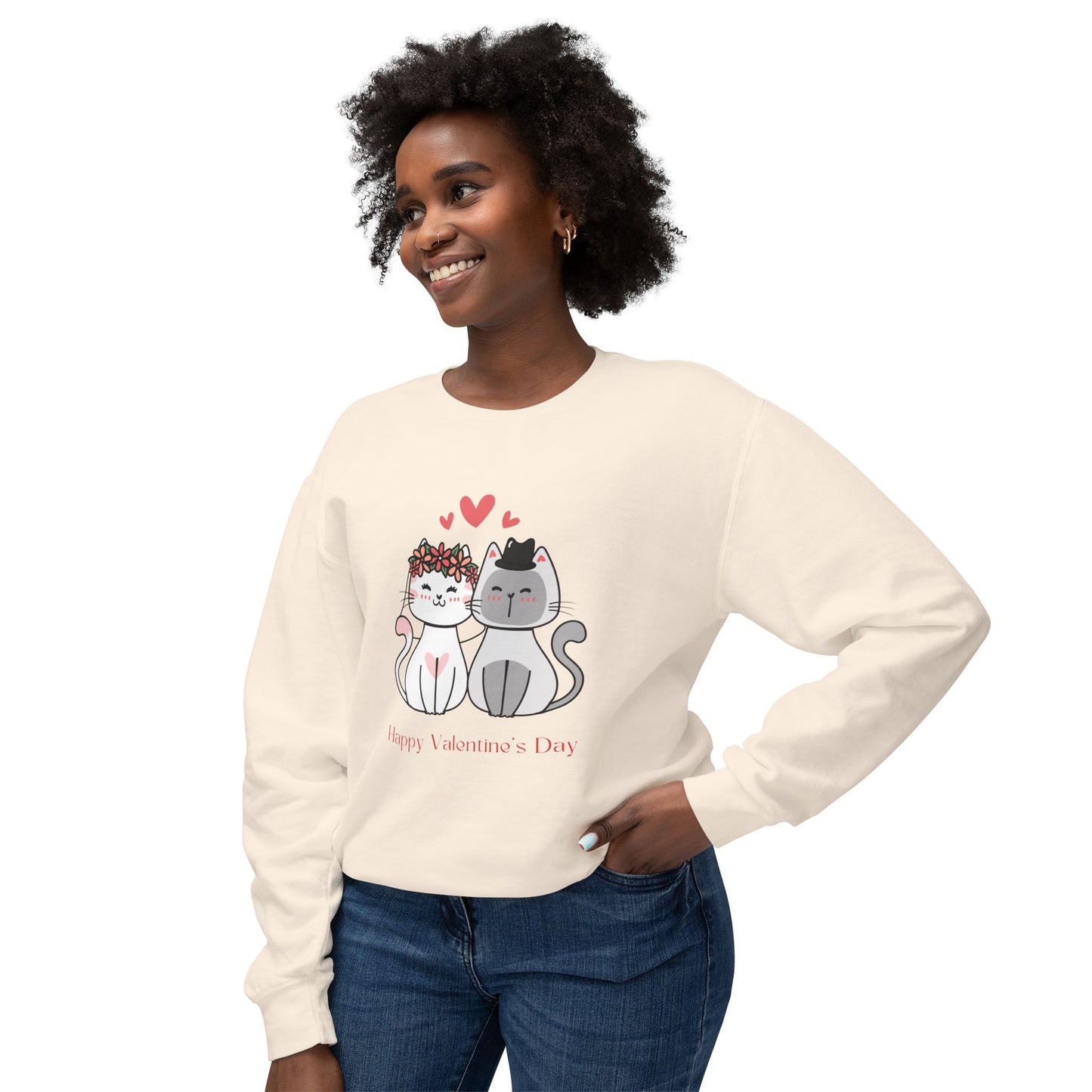 Two Cats, Happy Valentine's Day - Unisex Lightweight Crewneck Sweatshirt - 11387