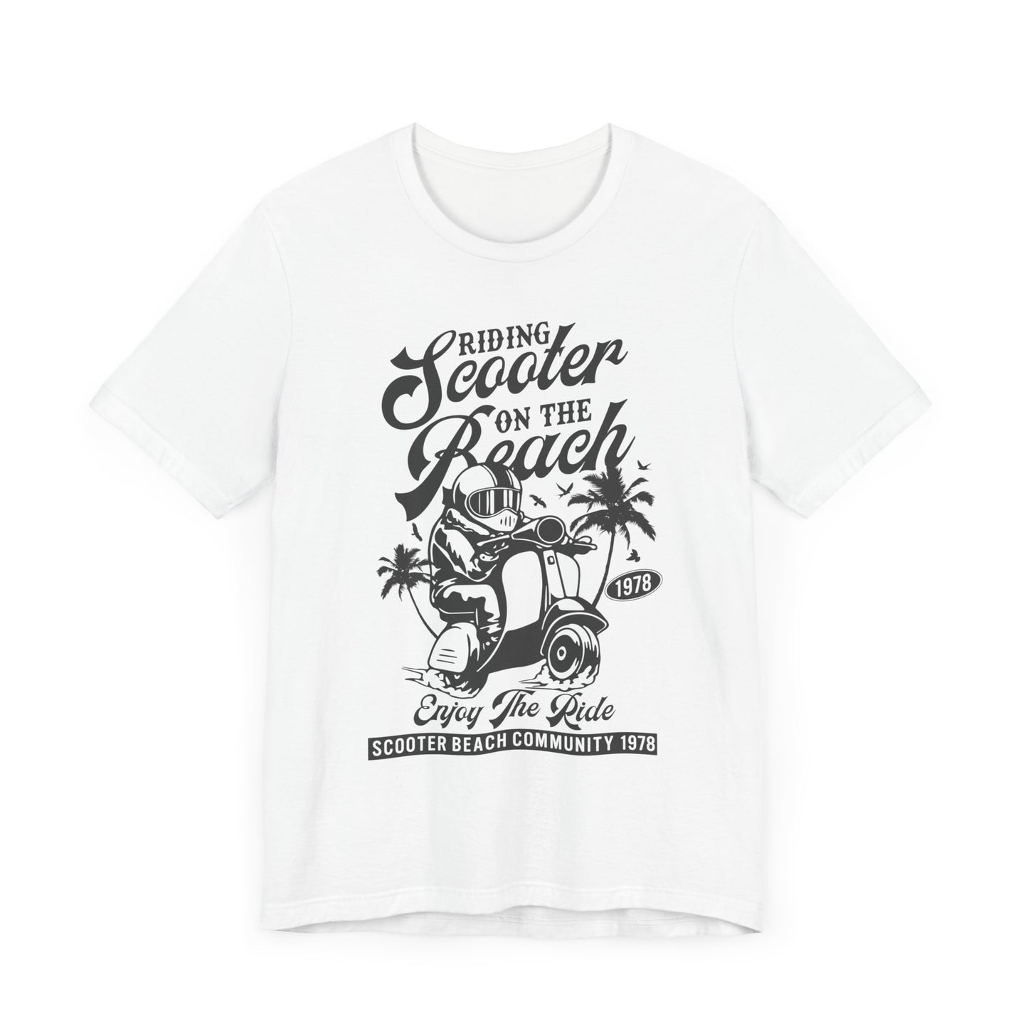 Riding Scooter on the Beach, Enjoy the Ride - Unisex Jersey Short Sleeve Tee