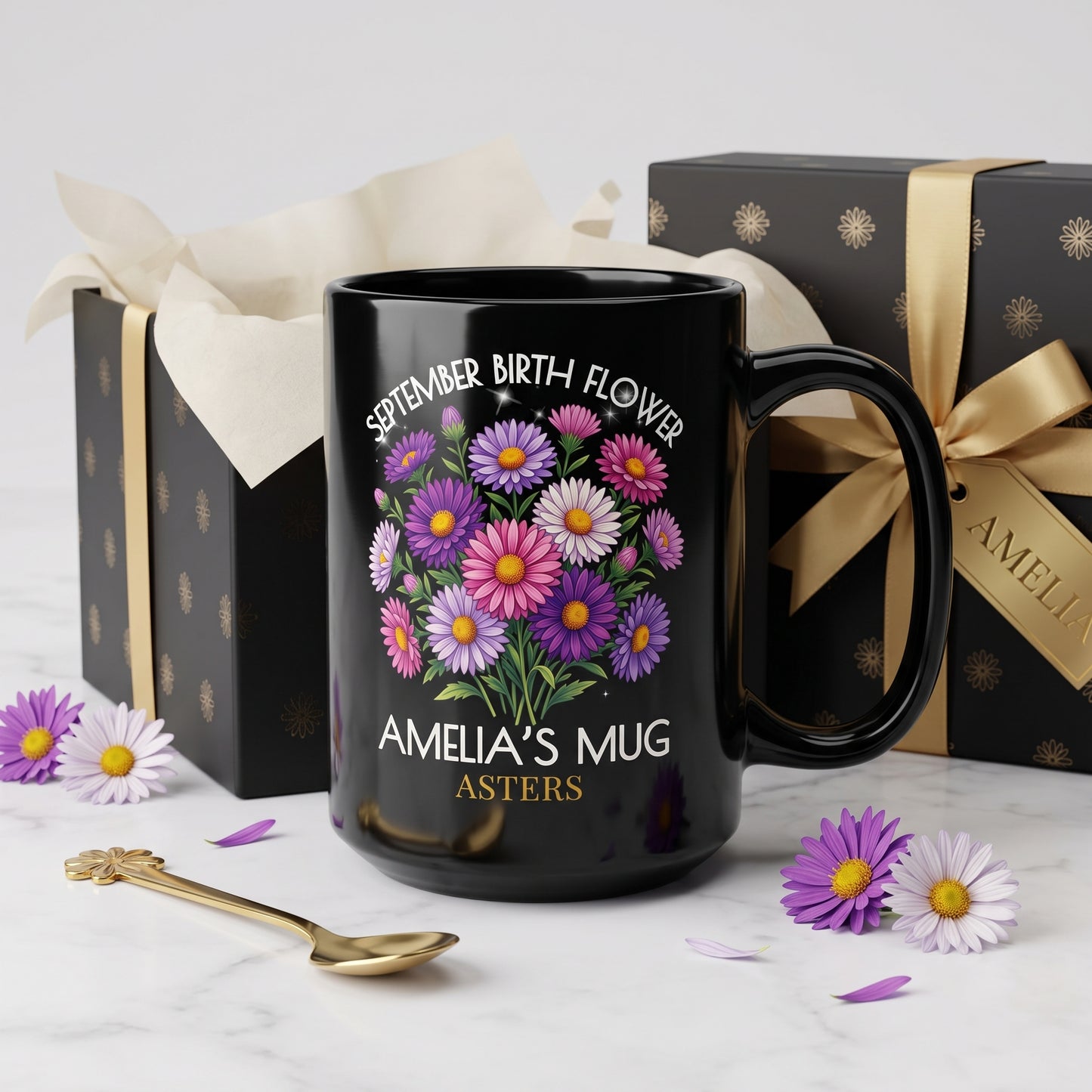 Personalized September Birth Flower Mug — Custom Name Aster Black Coffee Cup (11oz/15oz) - 14918