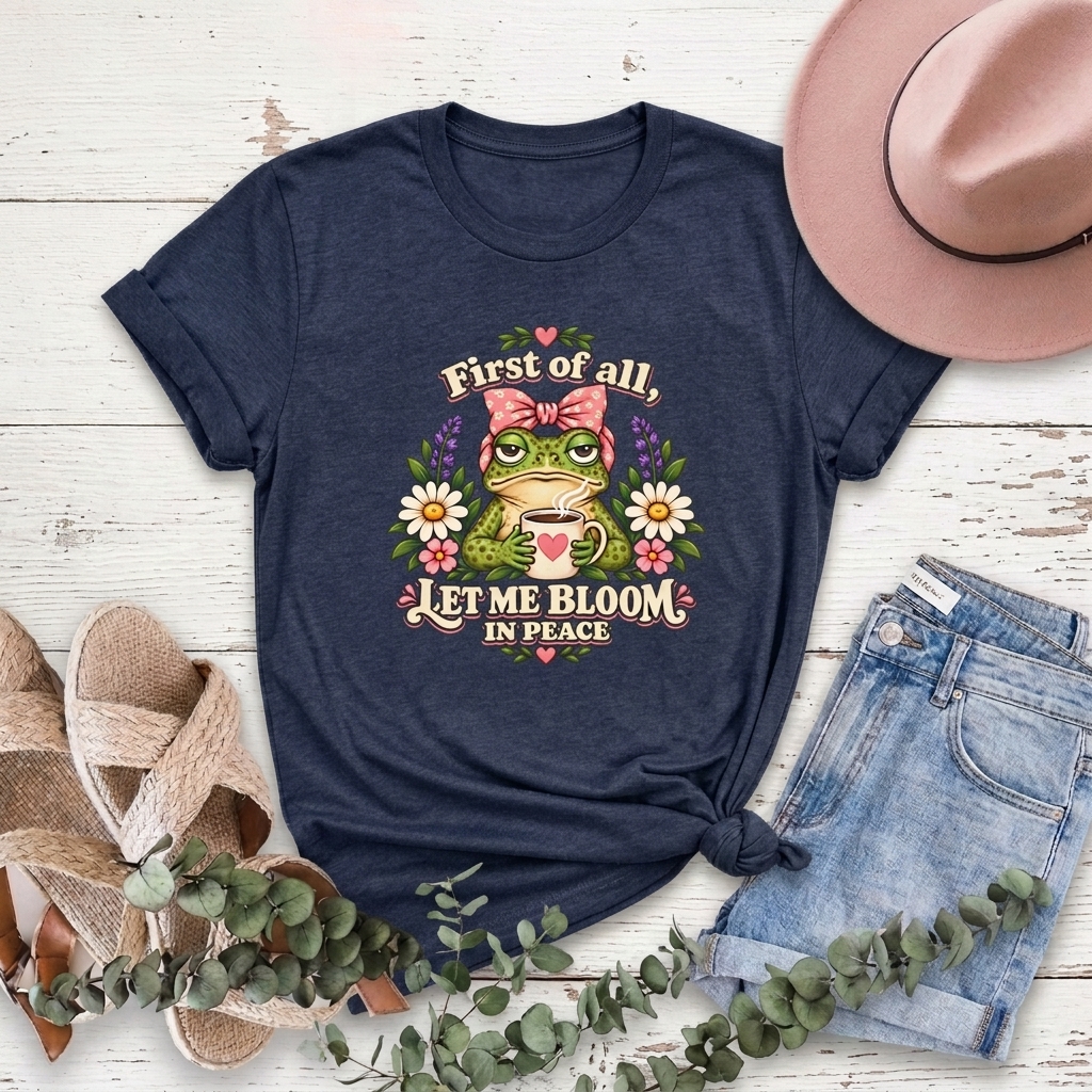 Let Me Bloom in Peace Frog T-Shirt, Cute Floral Coffee Tee - 14500