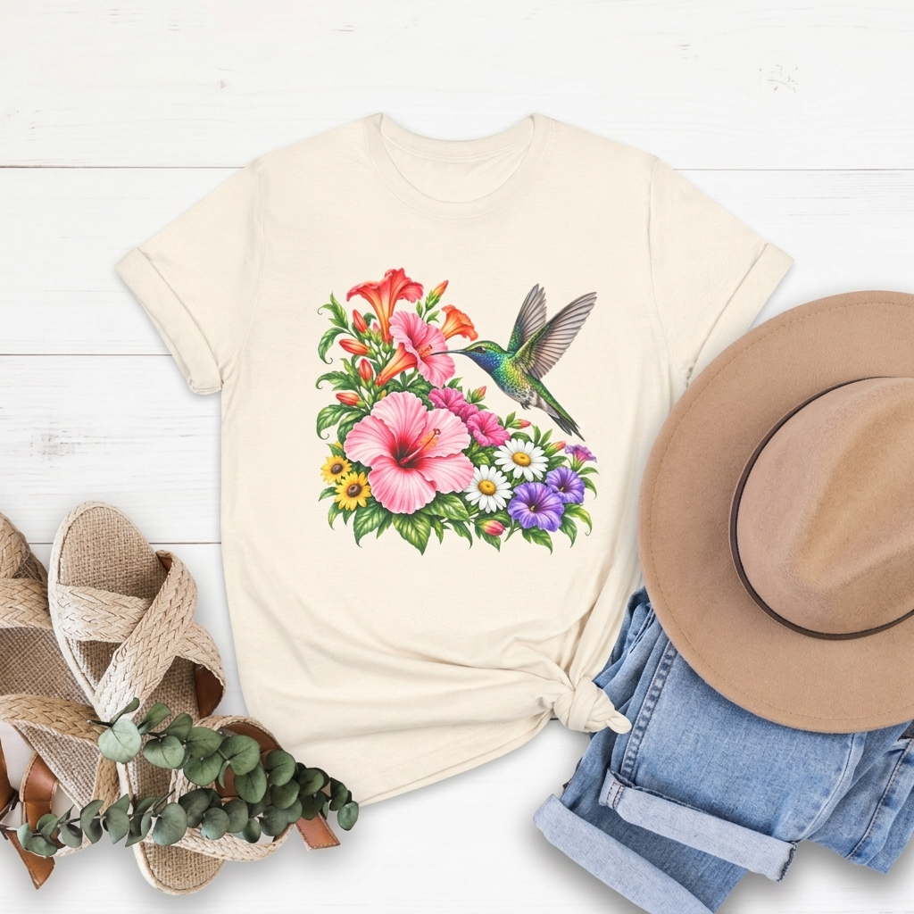 Hummingbird & Hibiscus T-Shirt, Colorful Tropical Floral Garden Tee - 14542