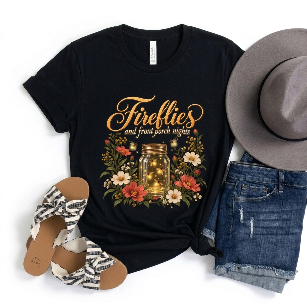 Fireflies and Front Porch Nights T-Shirt, Vintage Floral Mason Jar Tee - 14567