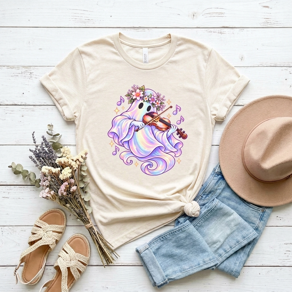 Ghost Violin T-Shirt, Cute Pastel Floral Music Lover Tee - 14528