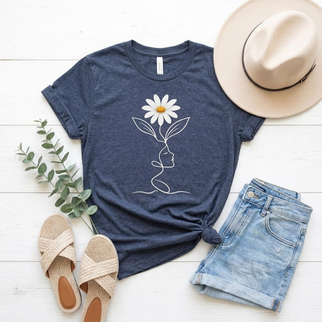 Daisy Woman Face T-Shirt, Minimalist Floral Line Art Tee - 14522
