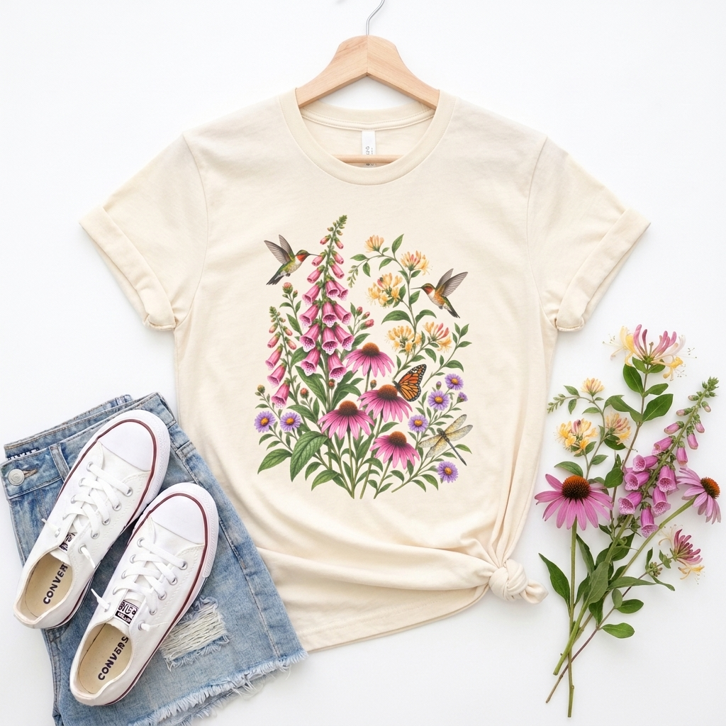 Floral Hummingbird Garden T-Shirt, Wildflower & Butterfly Botanical Tee - 14547
