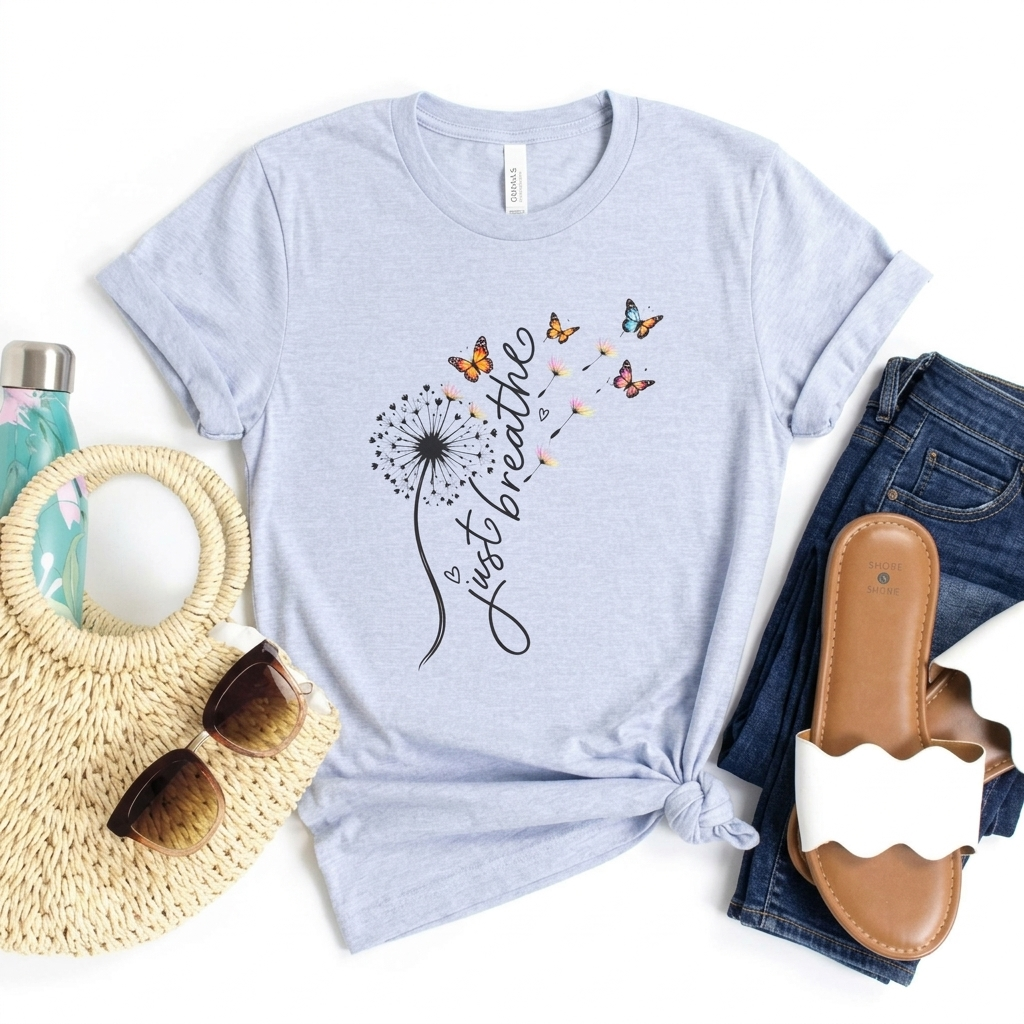 Just Breathe Dandelion T-Shirt,  Butterfly Inspirational Tee - 14519