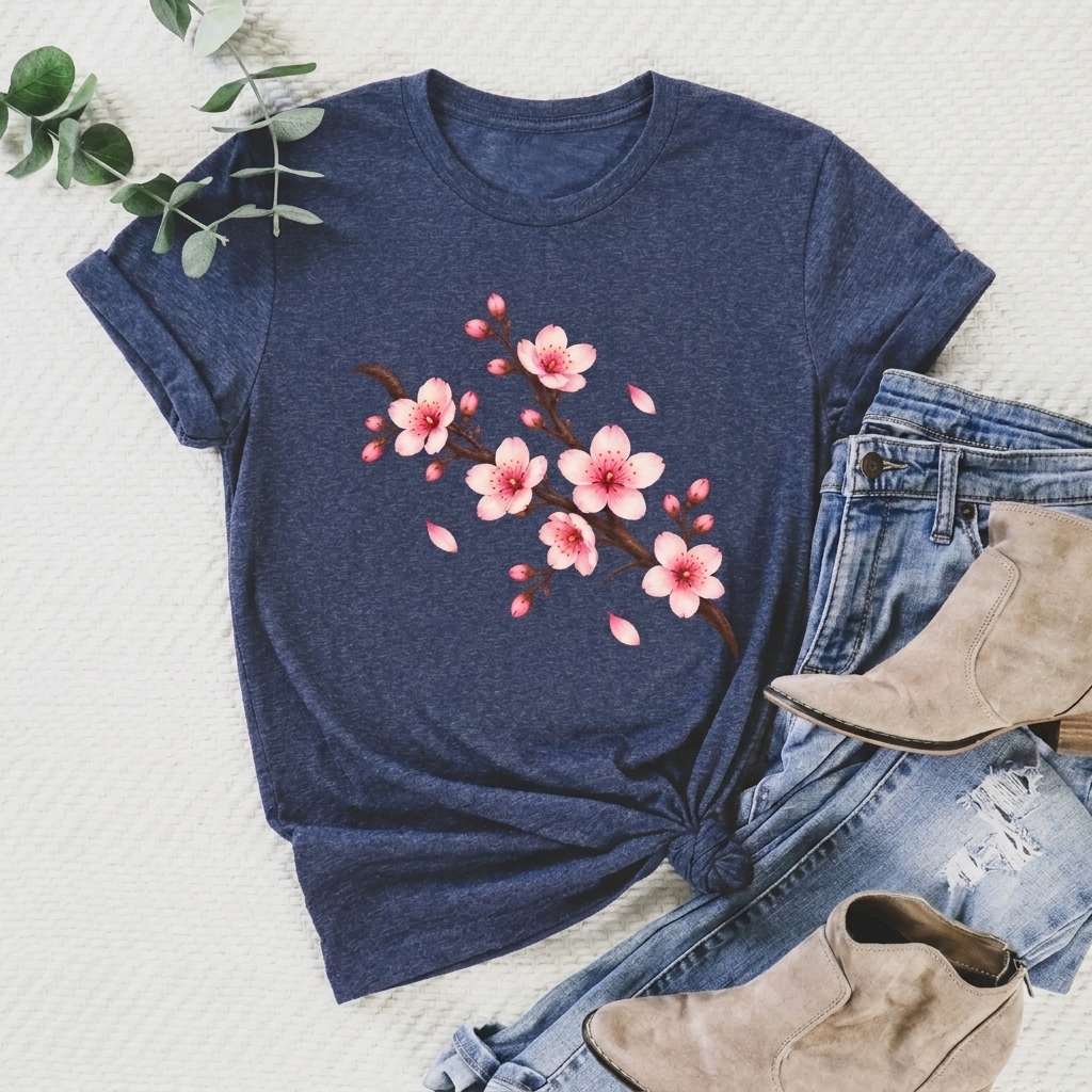 Cherry Blossom T-Shirt, Pink Sakura Branch Floral Tee - 14994