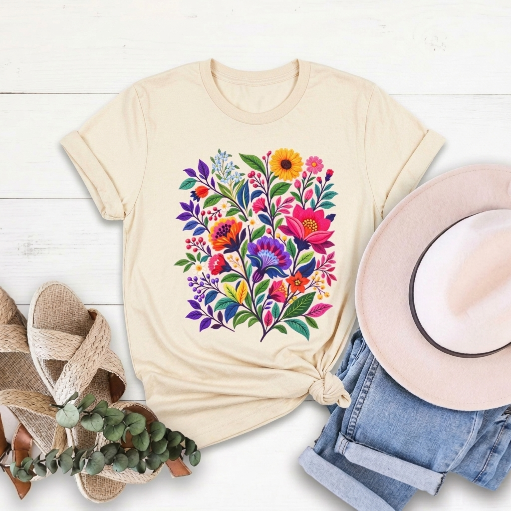 Bright Folk Art Floral T-Shirt, Colorful Flower Bouquet Tee - 14513