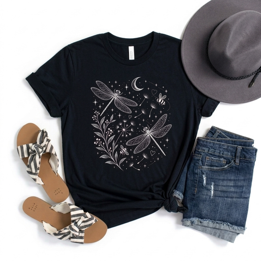 Dragonfly Moon T-Shirt, Whimsical Celestial Nature Tee - 14518