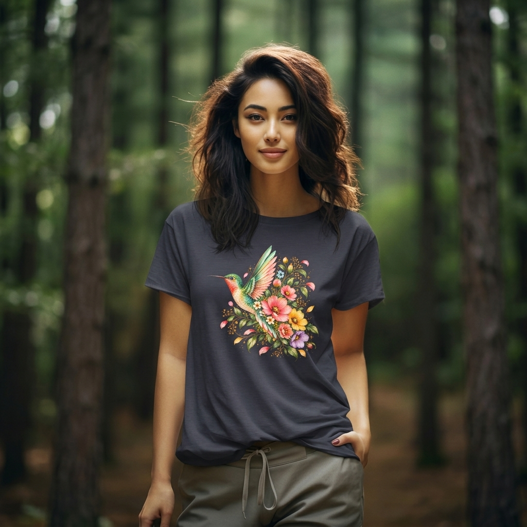 Colorful Hummingbird Floral T-Shirt, Nature Lover Tee - 14516