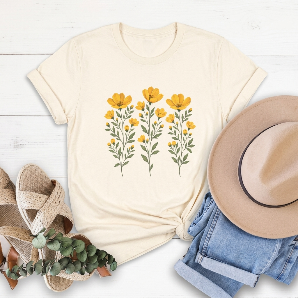 Golden Yellow Wildflower T-Shirt, Vintage Botanical Floral Tee - 14544
