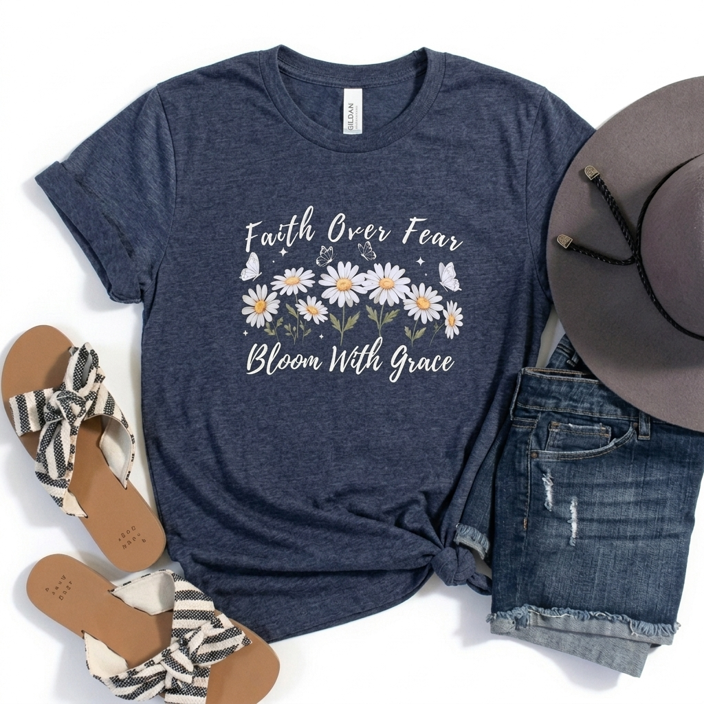 Faith Over Fear Daisy T-Shirt, “Bloom With Grace” Christian Floral Tee - 14951