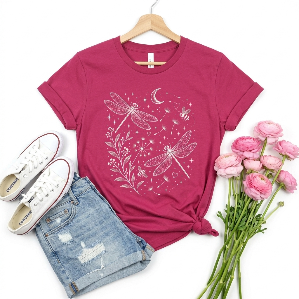Dragonfly Moon T-Shirt, Whimsical Celestial Nature Tee - 14518