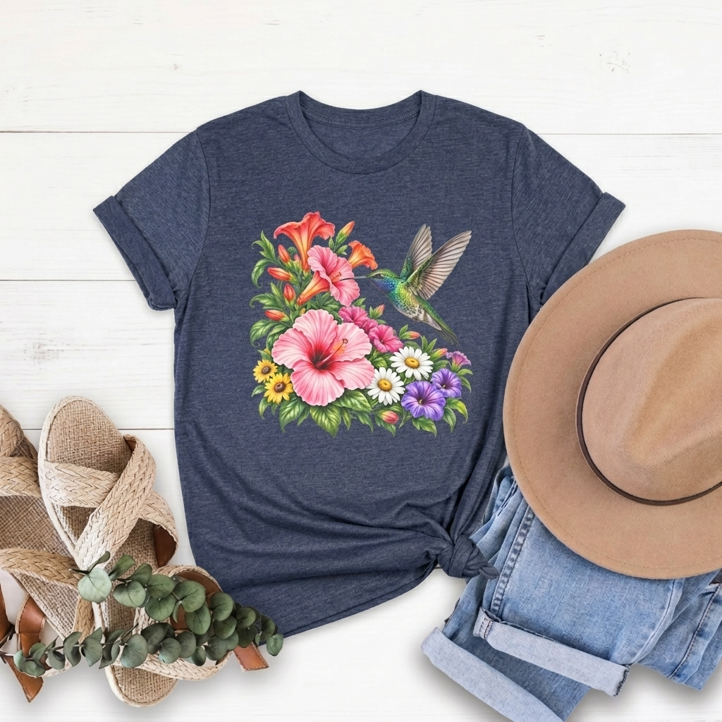 Hummingbird & Hibiscus T-Shirt, Colorful Tropical Floral Garden Tee - 14542
